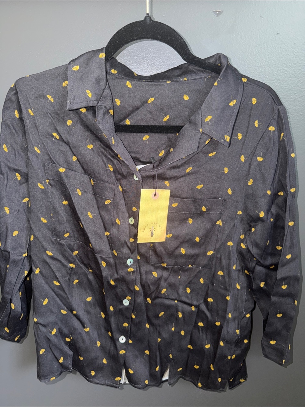 knot sisters Black Button-Down Shirt with Yellow Leaf Print